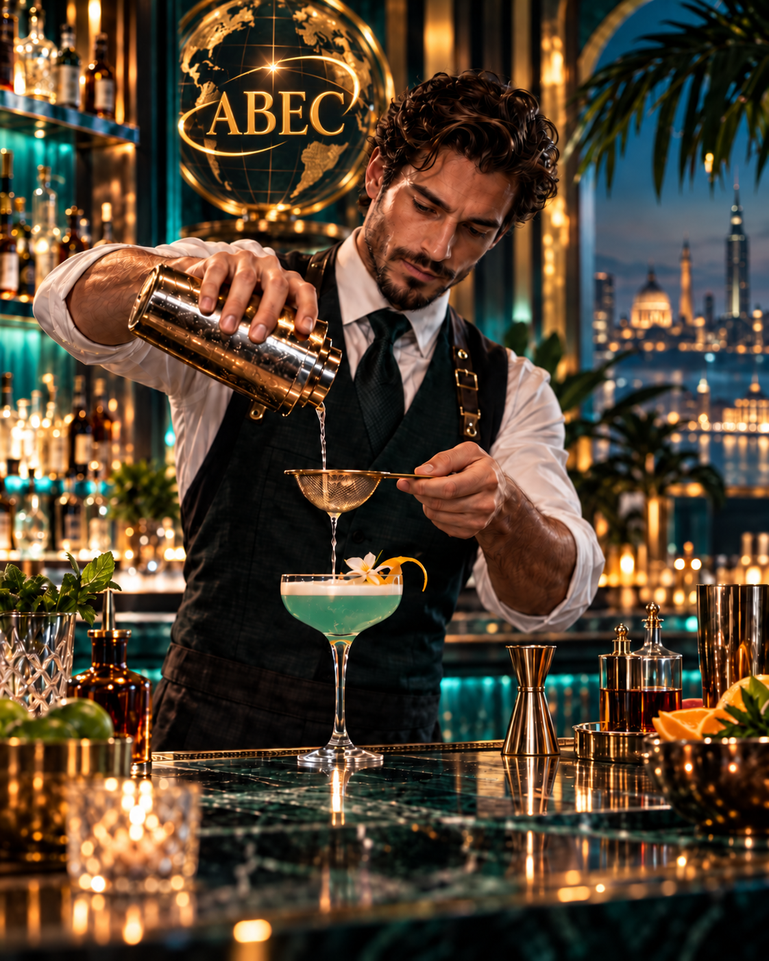 Bartender preparando un cóctel en una barra con iluminación dorada